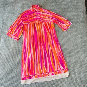 Vtg Emilio Pucci 60s/70s Colorful Pink/Purple/Orange Striped Nightgown Housecoat